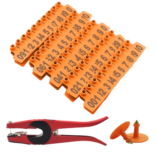 Pig Ear Tags with Plier for Hog Piglet, Sheep Calf with Number 001-100 Mark Tool Kit (Orange) - color: Orange