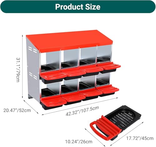 Chicken Nesting Boxes, 8 Compartments Metal Hens Egg Laying Box with Roll Away Egg Collection Tray and Perch, Wall Mountable Chicken Laying Box Nesting Boxes for Chickens- Red Without Legs
