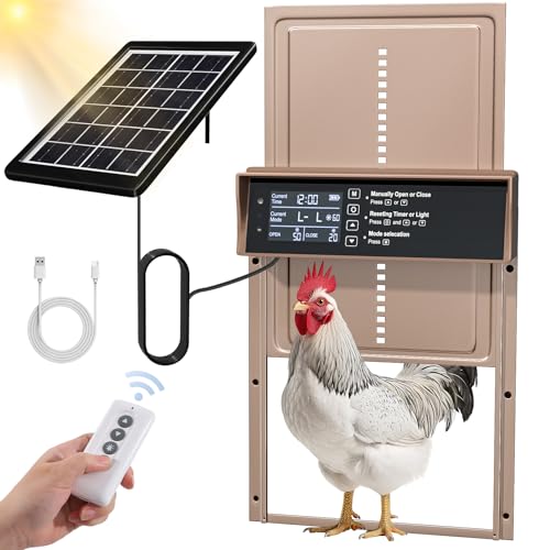 Solar Chicken Coop Door, Automatic Chicken Door Solar Powered & USB Charging, Automatic Chicken Door 4 Modes with Timer & Light Sensor, Anti-Pinch & Alert, Remote, LED Screen -Rose Gold