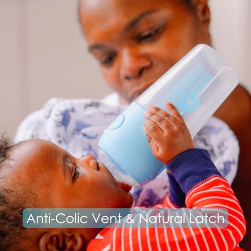 PopYum 9 oz Blue Anti-Colic Formula Making Baby Bottles, 3-Pack | #2 Medium Flow Nipples, 260 ml, BPA-Free, Natural Latch, Mixing Dispenser - color: Blue, size: 9 Ounce (Pack of 3)