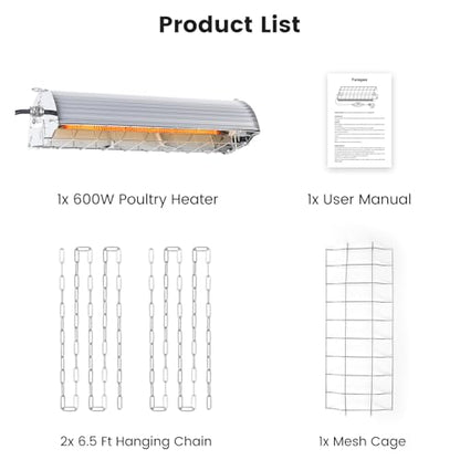 Fanspex 600W Hanging Heater for Poultry Chicken Coop Pet House Livestock Greenhouse, 2 Heating Mode with Adjust Height, 3S Fast Heating