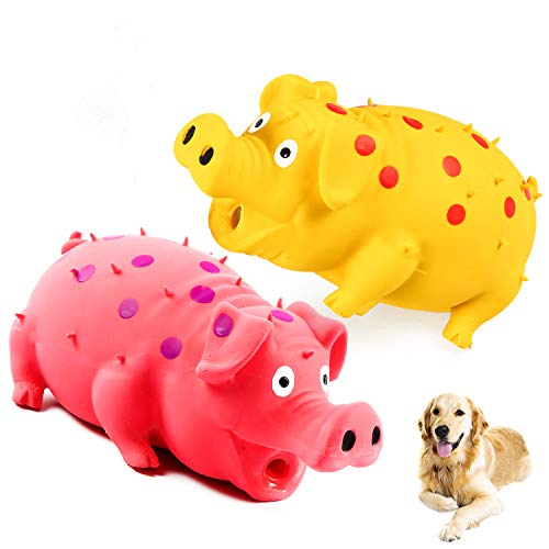 2-Pack Squeaky Pig Dog Toys - Durable Rubber Chew Toys with Oinking & Grunting Sounds for Small, Medium & Large Dogs - Interactive Latex Puppy Toy Set - color: Pink, Yellow