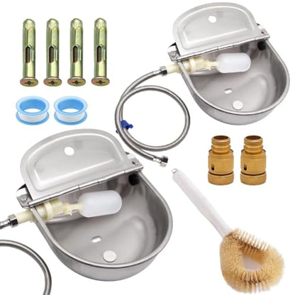 Automatic Animal Watering Bowl 304 Stainless Steel with Float Valve & Drainage Hole – Wall Mount Livestock Waterer for Dogs, Horses, Goats, Pigs, Chickens, Includes 39" Hose, 3/4" Adaptor