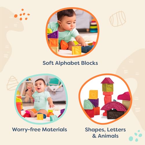 B. toys – Elemenosqueeze – 26 Soft Sort & Stack Baby Blocks with Alphabet – Architectural Building Blocks – Shapes, Letters & Animals – 6+ Months - style: Baby Blocks Set 2