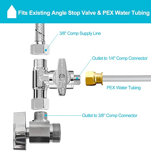 Tee Stop Valve - Lead-Free Add-A-Tee Valve 3/8 Inch x 3/8 Inch x 1/4 Inch,1/4 Turn，Add-A-Tee Adapter 3/8 Inch x 3/8 Inch x 1/4 Inch