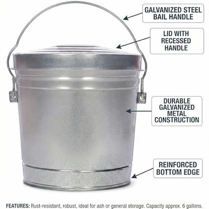 Galvanized Steel Locking Lid Storage Can, 6 Gallon, Heavy Duty Metal Pail for Bird Seed, Dry Pet Food, Charcoal Ash, Rodent Proof, Rust Resistant with Wire Bail Handle