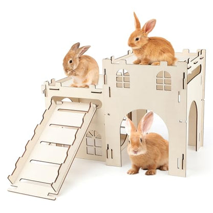 BWOGUE Extra Large Wooden Bunny Castle Hideout Split Balcony for Indoor Bunnies, Multistory Climbing Tower Hideout with Stairs, Ventilated Sturdy House for Rabbits Guinea Pigs and Chinchillas - style: 2 House and 1 Ladder