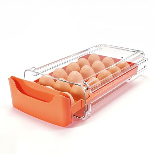 Egg-Holder for Fridge, 18 Egg-Storage for Refrigerator Countertop, 1 Tier Dispenser with Drawer, Stackable Clear Egg Tray Container, Egg Organizer, Fits Large Eggs, Orange - size: 1 Tier-Orange