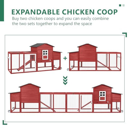 158" L Large Chicken Coop with Run, Chicken Hen House with Nesting Boxes, Wheels, Outdoor Indoor Mobile Rabbit Hutch, Poultry Cage for Chickens Ducks Bunny with Removable Tray, Ramp (Red) - size: 157.4"L x 22.0"W x 39.4"H