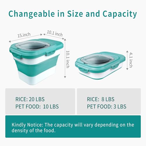 Komzon Rice Storage Container, Collapsible Airtight Food Storage Containers 6-20 Lbs, Rice Dispenser with Measuring Cup and Small Bin for Flour Cereal Pasta Grain, Cat Pet Dog Bird Food Container - color: Green