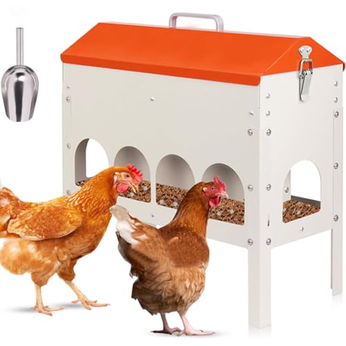 15Lb Automatic Chicken Feeder, Metal Gravity Chicken Feeder | Poultry Feeder Trough for Chickens Turkeys Quails, Chicken Coop Feeder, with 10 Feeding Openings Adjustable Legs