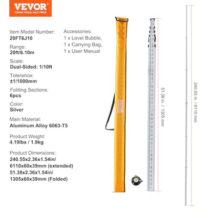 VEVOR Aluminum Grade 20-Feet Telescopic Measuring Rod, Double-Sided Scale 1/10ft Leveling Rod Stick with Bubble Level & Carrying Bag for Houses, Walls, Floor - size: 20 FT-10ths