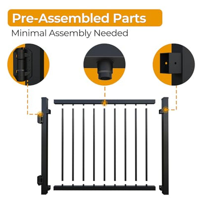 36"x45" Aluminum Deck Fence Gate Outdoor | with Auto-Closing Hinges and Latch, 3/4" Round Black Powder Coated for Patios Railing Indoor & Outdoor