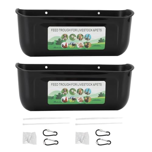 Qinlorgo 2 Pack Chicken Feeder, 5.5 Quart Hanging Fence Feed Trough, Clips with Livestock Waterer, Ideal for Goats, Ducks, Sheep, Piglets, Deer & Poultry (Black) - color: Black