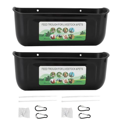 Qinlorgo 2 Pack Chicken Feeder, 5.5 Quart Hanging Fence Feed Trough, Clips with Livestock Waterer, Ideal for Goats, Ducks, Sheep, Piglets, Deer & Poultry (Black) - color: Black