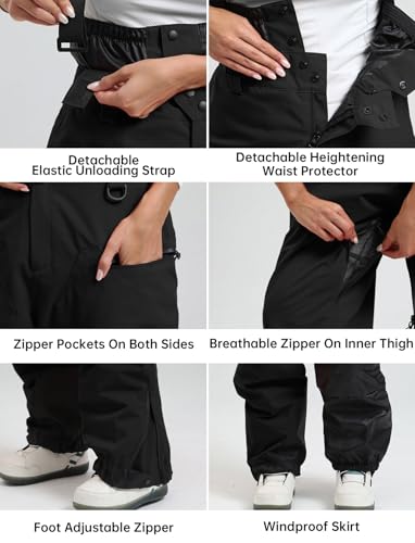 GSOU SNOW Men Women Snowboard Pants-Baggy Ski Snow Bibs | 15K Waterproof Overalls,Insulated Windproof Breathable,Detachable Shoulder Straps - color: Black, size: Large