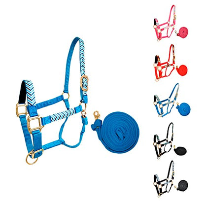 Tahoe Tack Patterned Nylon Adjustable Horse Halters with Padded Noseband and Matching 10’ Soft Grip Lead Rope with one Year Warranty - color: Blue Chevron and Hurricane Blue