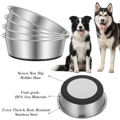 4-Pack Heavy Duty Stainless Steel Dog Bowls with Non-Slip Base – 8 Cup (64 oz) Rust-Resistant Metal Food & Water Dishes for Medium & Large Dogs