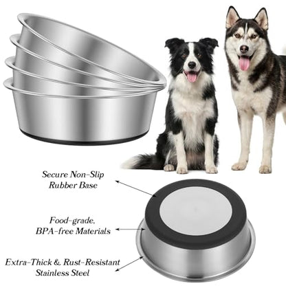 4-Pack Heavy Duty Stainless Steel Dog Bowls with Non-Slip Base – 8 Cup (64 oz) Rust-Resistant Metal Food & Water Dishes for Medium & Large Dogs