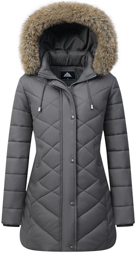 Women's Long Warm Winter Coat Windproof Thickened Fleece Lined Down Jacket Waterproof Puffer Outerwear with Removable Hood - color: Darkgrey, size: XX-Large