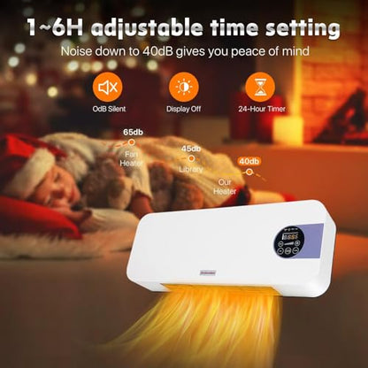 Wall Mounted Heater 1500W PTC Ceramic Electric Space Heater with Remote, LED Display, Adjustable Thermostat, Overheat Protection, Timer, Low Noise Heater for Bedroom, Office, Large Room Indoor Use