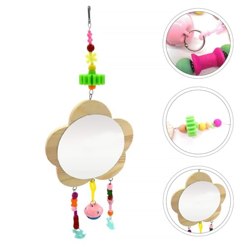 Wooden Hanging Hen Mirror with Bells Recyclable Natural Wood Chicken Cage Accessory for Pet Hens and Roosters Random Color