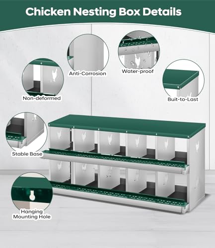 Garvee Chicken Nesting Box, 10 Compartment Metal Nesting Box,Wall Mount Chicken Nesting Boxes for Laying Eggs,Easy Egg Collection,10 Room Nest Boxes for Chickens - size: Green 10 Compartment