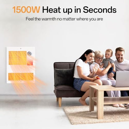 Upgraded High Capacity Wall Heater with Built-In Adjustable Thermostat, Painted Grille, 1500W, 120/240V, White
