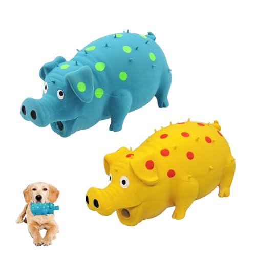 Andiker 2PC Dog Squeaky Toys, 8" Latex Dogs Chew Toy with Oinks Sound Grunting Pig Dog Toy for Dental Biting, Chasing to Kill Boring Time (Blue,Yellow) - color: Blue,Yellow