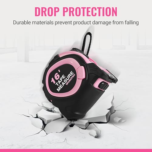 WORKPRO 16-FT Tape Measure with Fractions, 3 Brakes Retractable Measuring Tape, Compact Measurement Tape with Magnetic Hook, Nylon Coating Blade Accuracy 1/32”, Pink - style: 16-FT