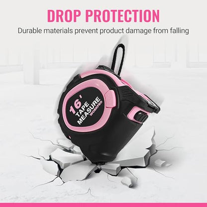 WORKPRO 16-FT Tape Measure with Fractions, 3 Brakes Retractable Measuring Tape, Compact Measurement Tape with Magnetic Hook, Nylon Coating Blade Accuracy 1/32”, Pink - style: 16-FT