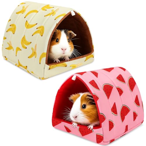 UPINS 2 Pack Guinea Pig Bed, Guinea Pig Hideout Washable Small Animal House Cage Accessories for Dwarf Rabbits Chinchillas Hamsters Hedgehogs Ferrets Bearded Dragons and Rats - color: Red Yellow, size: 6.8 x 7.4 inch