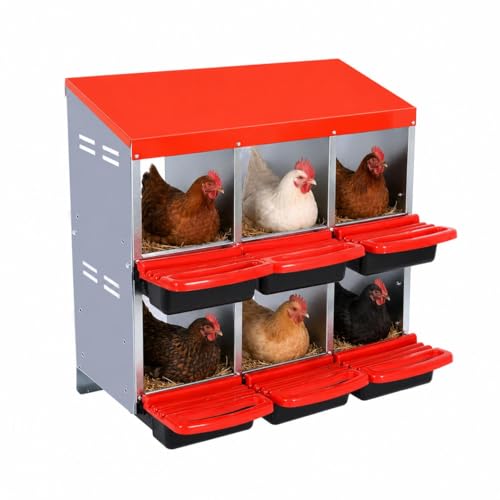 Chicken Nesting Boxes, 6 Compartment Metal Stainless Steel Chicken Laying Boxes, Removable Roll-Away Trays & 2-in-1 Perch, Easy to Clean and Install, for Outdoor Chicken Coop, Red - color: Red, size: 6 holes