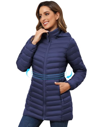 ROYAL MATRIX Women's Packable Puffer Jacket - Lightweight Winter Warm Long Quilted Puffer Coat with Detachable Hood - color: Navy Blue, size: XX-Large