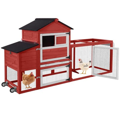 GUTINNEEN Chicken Coop Mobile Hen House On Wheels Easy to Move Wooden Poultry Cage with Nesting Box,Opening Wire Netting Roof,Red - color: Red