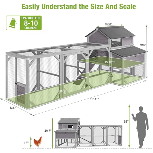 GUTINNEEN Large Chicken Coop with Run for 8-10 Chickens, Wooden Outdoor Hen House with 3-Section Nesting Box, Walk-in Poultry Cage, Pull-Out Metal Tray, Multiple Perches, Secure Ventilated Design - size: 118.1"L x 53.5"W x 49.6"H
