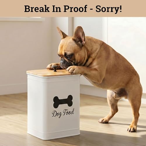 Dog Food Container Airtight Bamboo Lid 5-7 lb, 25 Cups, Sturdy Metal Handle | Pet Jar For Dogs up to 50lbs, Airtight Bamboo Lid, Sturdy Comfortable Metal Handle, Powder Coated Iron, Kibble Storage Bin - color: White