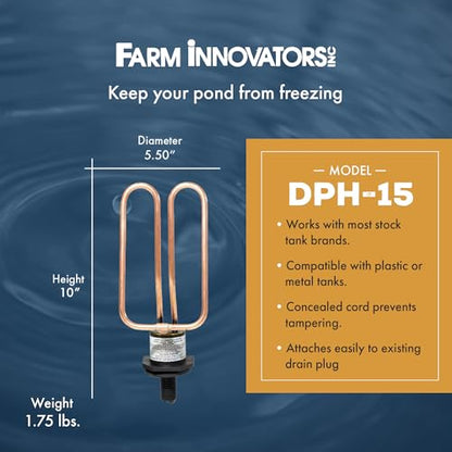 Farm Innovators DPH-15 Outdoor Water Tank Heaters Livestock Stock Tank Drain Plug Water De-Icer Compatible with Rubbermaid Tanks - size: Single