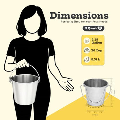 9 quart Heavy Duty Stainless Steel Round Bucket with Handle | 2.25 gal Sturdy Food & Water Bowl for XL Dog Goat sheep Horse & Livestock | Fits kennel Crate Farm | Hanging Utility Pet Pail - size: 9 Quarts