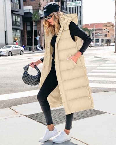 BTFBM Long Puffer Vest Women Quilted Hooded Button Down Zip Up Sleeveless Vests Outerwear Padded Jacket Fall Winter Coat - color: Apricot, size: XX-Large