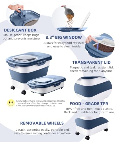 20-23 Lbs Dog Food Storage Container - Collapsible Dog Food Container with Wheels Airtight Lids, Scoop and Small Container, Pet Food Storage Dry Food For Dog, Cats and Other Pet (Blue) | Dog Food Container with Double Airtight Seal & Magnetic Lid,Cat Food