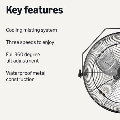 Amazon Basics 18" Outdoor Heavy-Duty Misting Fan, Wall-Mounted, Industrial, Waterproof (IP44), With Tilt Head, Metal Blades, Dual Ball Bearing Motor, 3 Speeds Up to 1550 RPM and 3781 CFM, Black - style: Outdoor Misting Fan