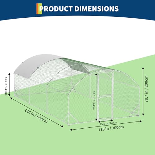 Chicken Coop 9.8x19.7x6.6ft, Walk-in Large Metal Chicken Run with Cover, Chickens Poultry Cage with Double Door, Walk in Chicken Poultry Pen for Outdoor Farm Yard - size: 9.8'L x 19.7'W x 6.6'H
