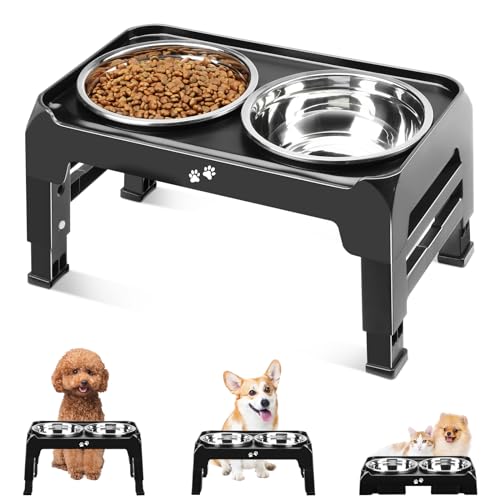COMESOON Elevated Dog Bowls for Small Medium Dogs, 3 Height Adjustable Raised Stand with 2 Thick 6" Stainless Steel Food Bowls, Non-Slip Feeder Adjusts to 2.75", 6", 7.5", Black - color: Black, size: 6" for Small Dogs