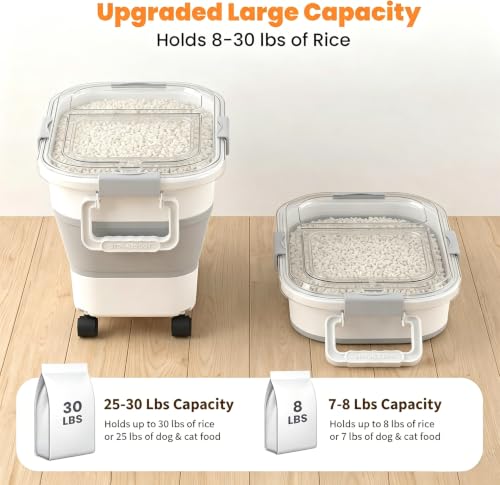 30 Lbs Rice Storage Container with Wheels, Collapsible Airtight Food Storage Container with Transparent Lid, Measuring Cup, Scoop, Handle, BPA Free Rice Holder for Pet Food, Grain, and Bird Seed - color: Clear/30lbs