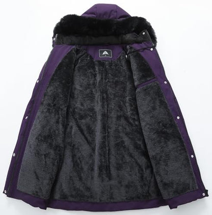 MOERDENG Women's Winter Puffer Coat Thicken Fleece Lined Down Jacket Waterproof Faux Fur Detachable Hooded Parka - color: Purple, size: 3X-Large