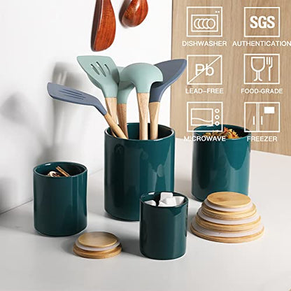 Sweejar Kitchen Canisters Ceramic Food Storage Jar Set, Stackable Containers with Airtight Seal Wooden Lid for Serving Ground Coffee, Tea, Herbs, Grains, Sugar, Salt - Set of 4 (Jade) - color: Jade, style: Set of 4(Updated Version)