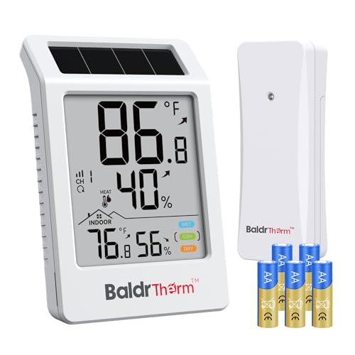 BaldrTherm Digital Hygrometer Indoor Outdoor Thermometer,Wireless Temperature Humidity Monitor with 330ft/100m Range, Multi-Zone Detection, Dual Power Supply & Trend Visualization, 1 Pack