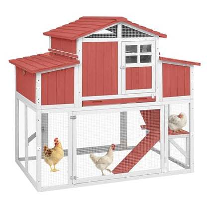 Large Wooden Chicken Coop for 2-6 Chickens, Outdoor Chicken House with 4 Nest Boxes, Hen House Poultry House Pet Hutch Chicken Cage with Waterproof Asphalt Roof, Ramp, Roosting Bars Red - color: Red