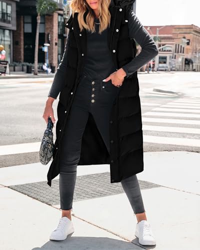 BTFBM Long Puffer Vest Women Quilted Hooded Button Down Zip Up Sleeveless Vests Outerwear Padded Jacket Fall Winter Coat - color: Black, size: Medium